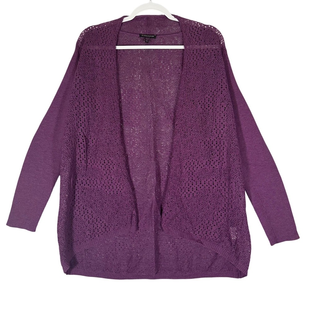 Eileen Fisher Open Crochet Knit Cardigan Sweater Sz M Petite 100% Wool Italian‎